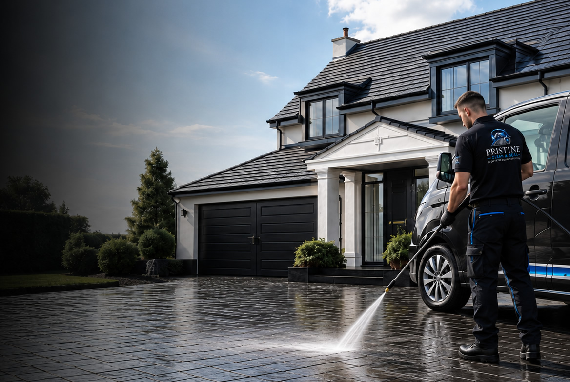 Professional exterior cleaner pressure washing a driveway